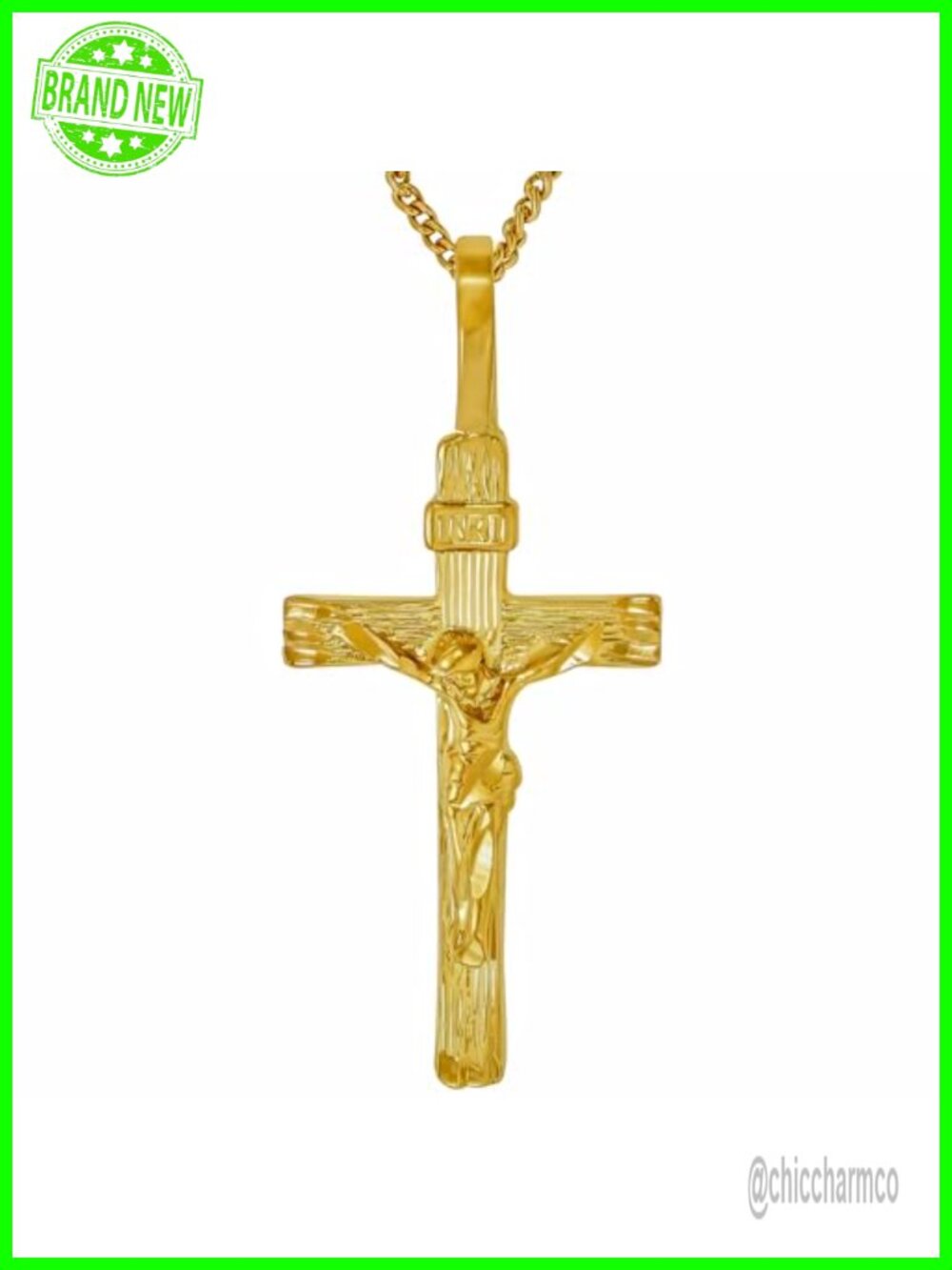 24k Gold Plated Crucifix Necklace 20" Curb Chain Jesus Pendant